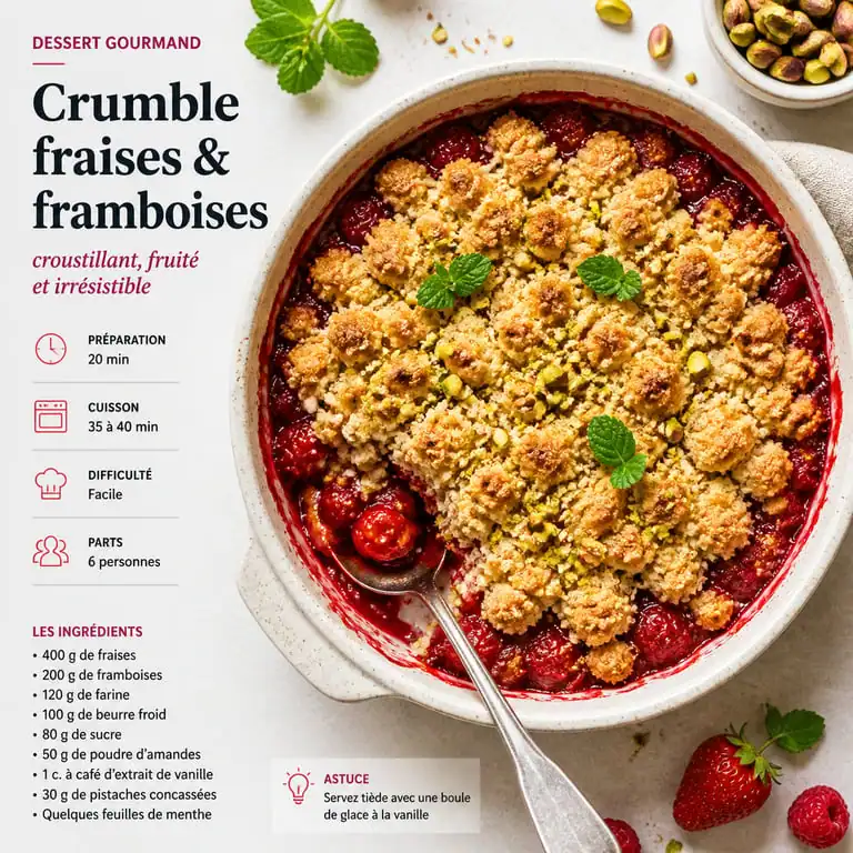 Crumble fraise framboise aux éclats de pistache dans un plat en céramique