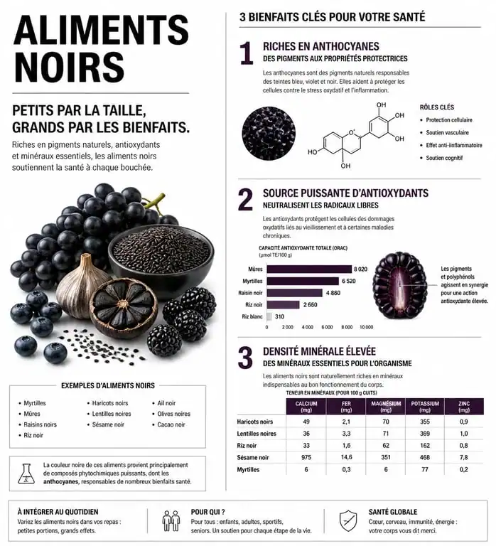 Infographie des bienfaits nutritionnels et antioxydants des aliments noirs