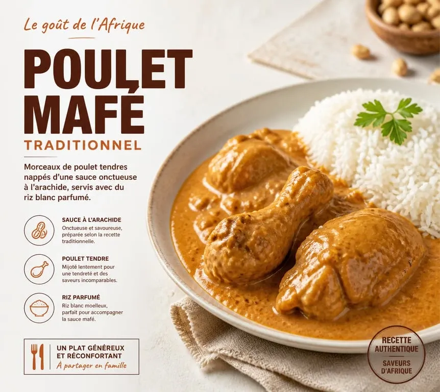 Plat de poulet Mafé traditionnel servi avec du riz blanc