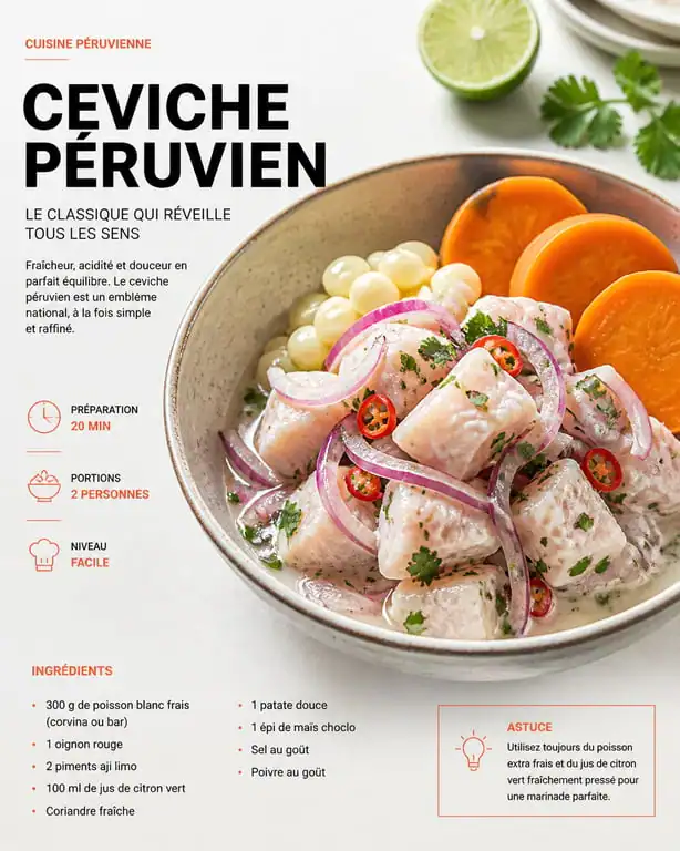 Ceviche péruvien traditionnel avec poisson frais, patate douce et maïs choclo