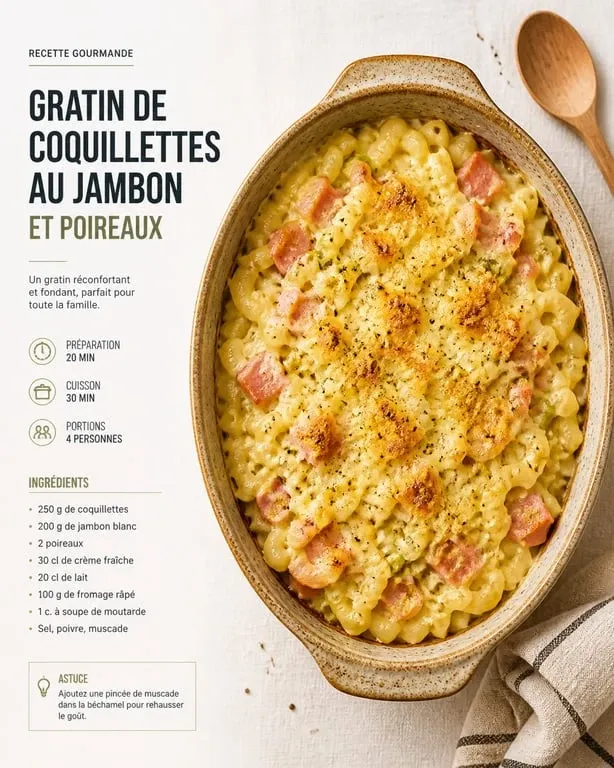 Gratin de coquillettes au jambon et poireaux, recette facile et pas chère