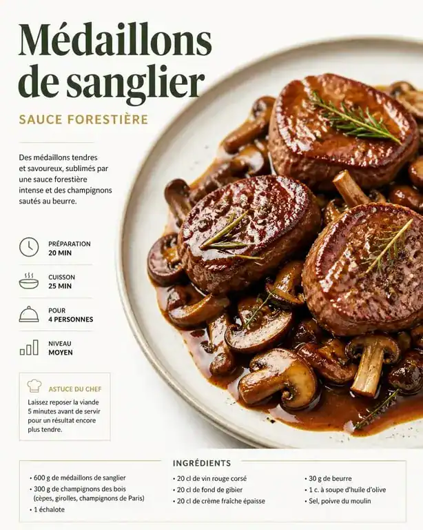 Recette de filet de sanglier poêlé aux saveurs forestières sur une assiette