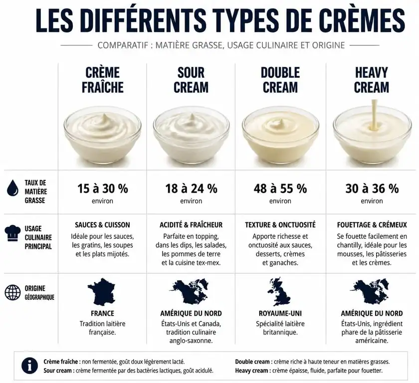 Tableau comparatif des types de crèmes et leurs usages en cuisine
