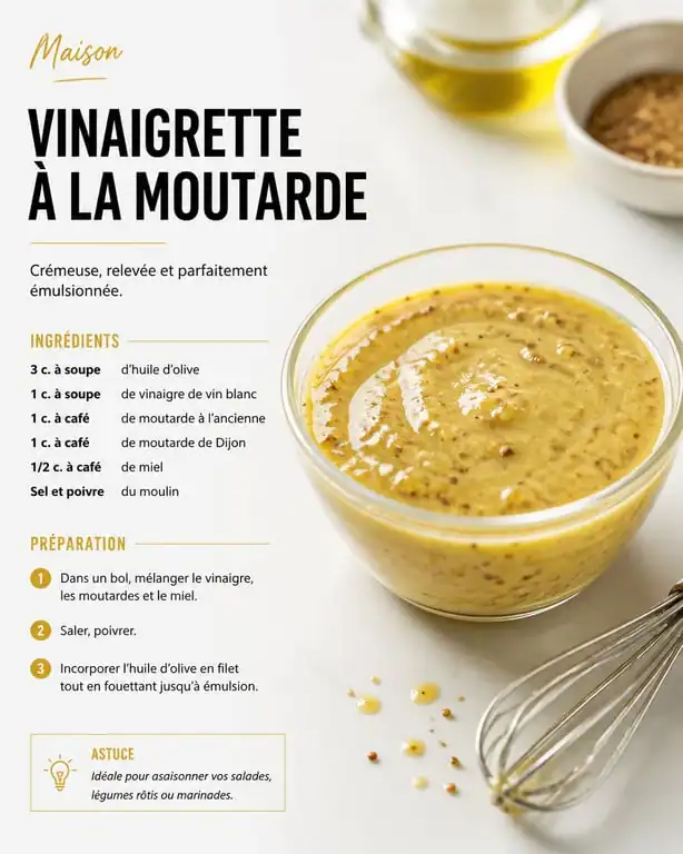Vinaigrette moutarde maison onctueuse dans un bol en verre