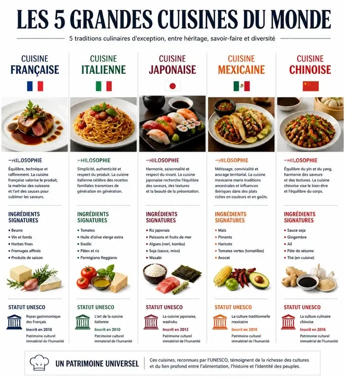 Infographie comparative des 5 grandes cuisines du monde : française, italienne, japonaise, mexicaine et chinoise.