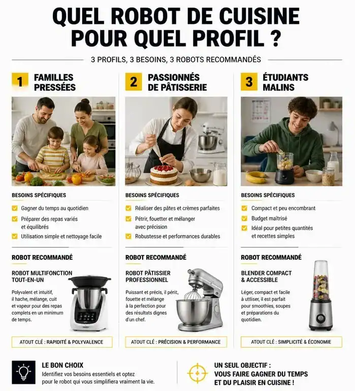 Infographie comparative pour choisir le meilleur robot cuisine selon le profil d'utilisateur