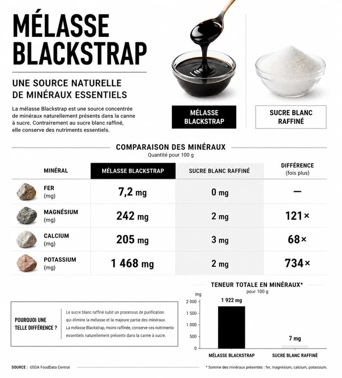 Infographie comparative de la valeur nutritionnelle de la mélasse Blackstrap et du sucre blanc
