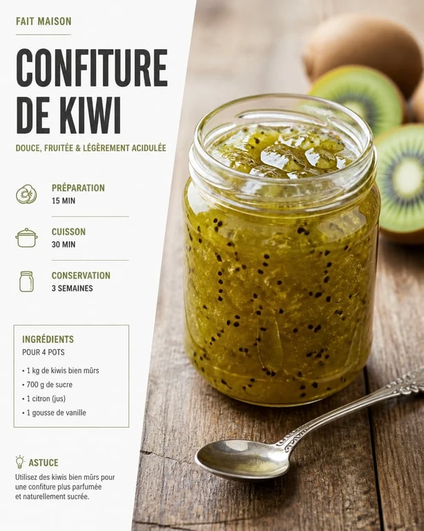 Pot de confiture de kiwi maison artisanale sur table en bois