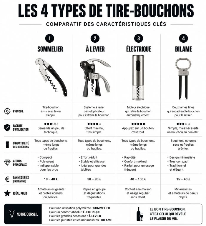 Infographie comparative des différents types de tire-bouchons pour choisir le modèle adapté
