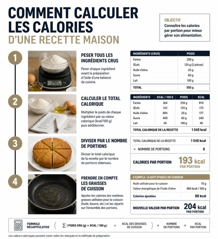 Infographie illustrant la méthode pour calculer les calories d'une recette maison étape par étape