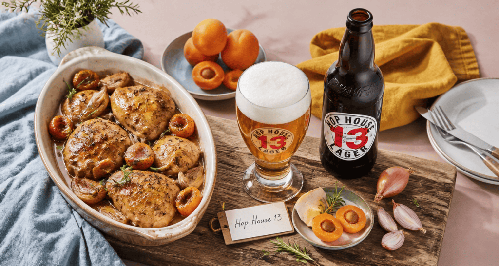 hop house 13 bière dorée avec poulet braisé