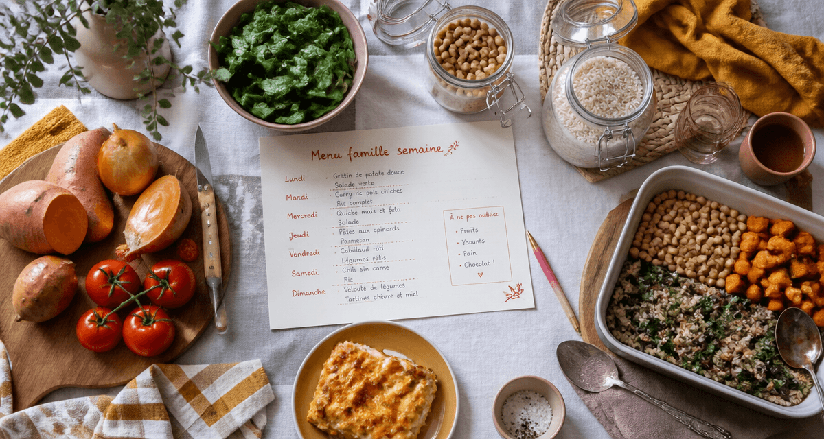 Menu famille semaine avec batch cooking, légumes et planning
