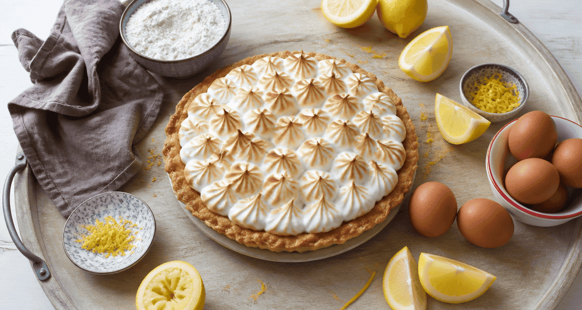 pie lemon maison sur plateau bois meringue dorée
