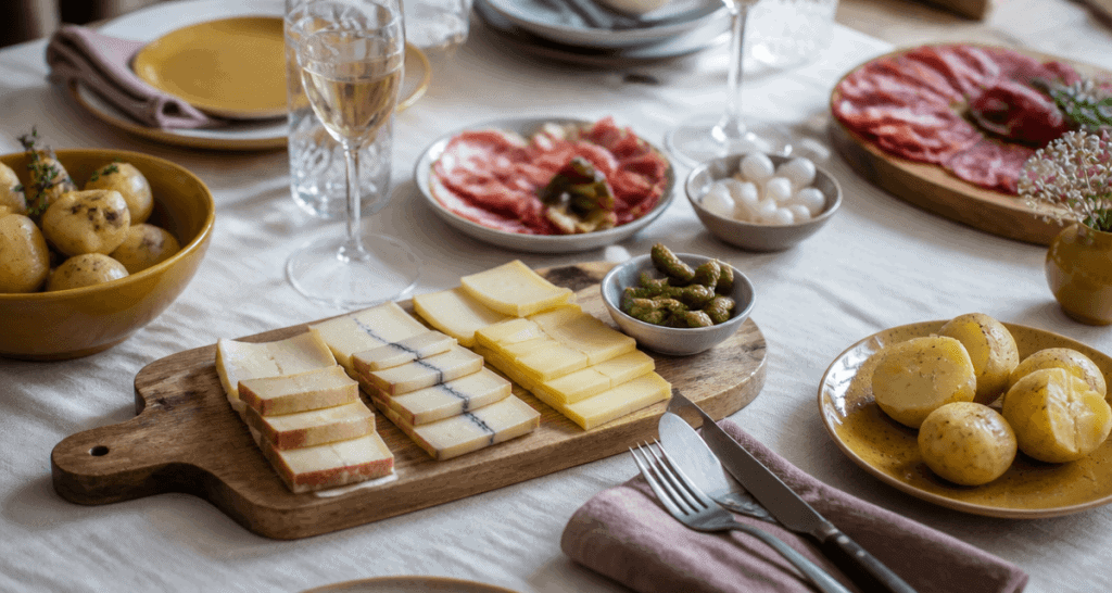 fromage a raclette par personne sur table avec accompagnements