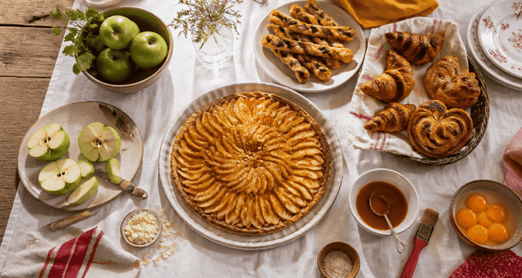 Recette avec de la pate feuilletee sur table rustique, tarte fine et feuilletés variés