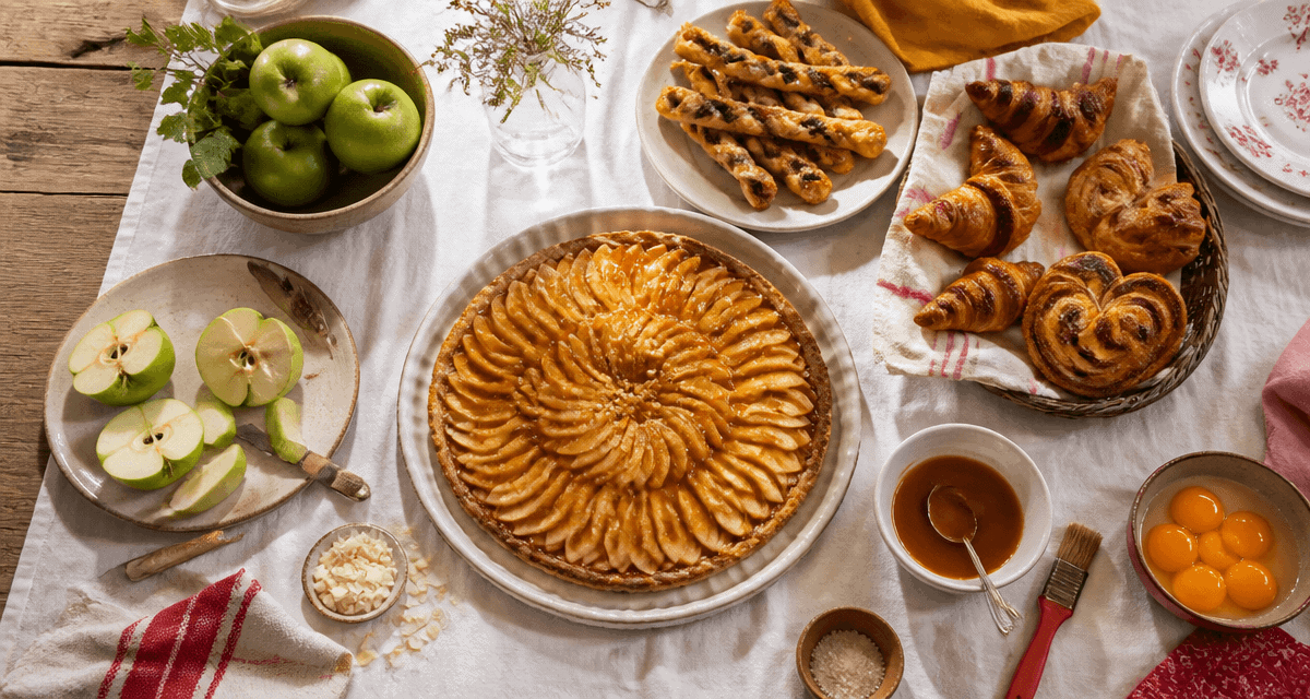 Recette avec de la pate feuilletee sur table rustique, tarte fine et feuilletés variés