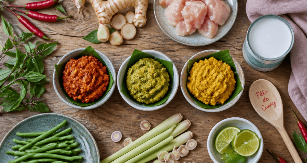 recette avec pate de curry bol rouge verte jaune sur table
