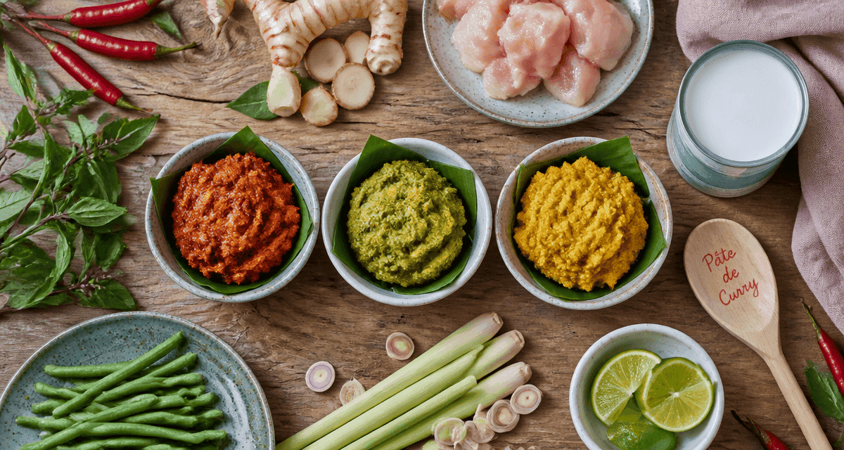 recette avec pate de curry bol rouge verte jaune sur table