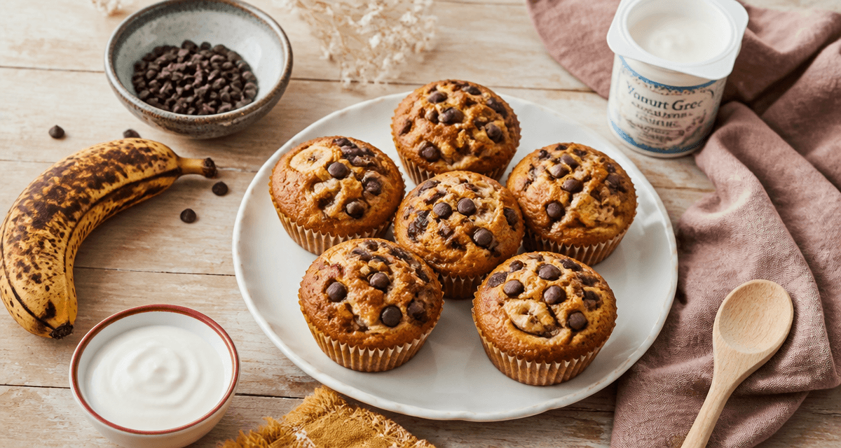 recette muffin banane moelleux sur assiette avec pépites de chocolat