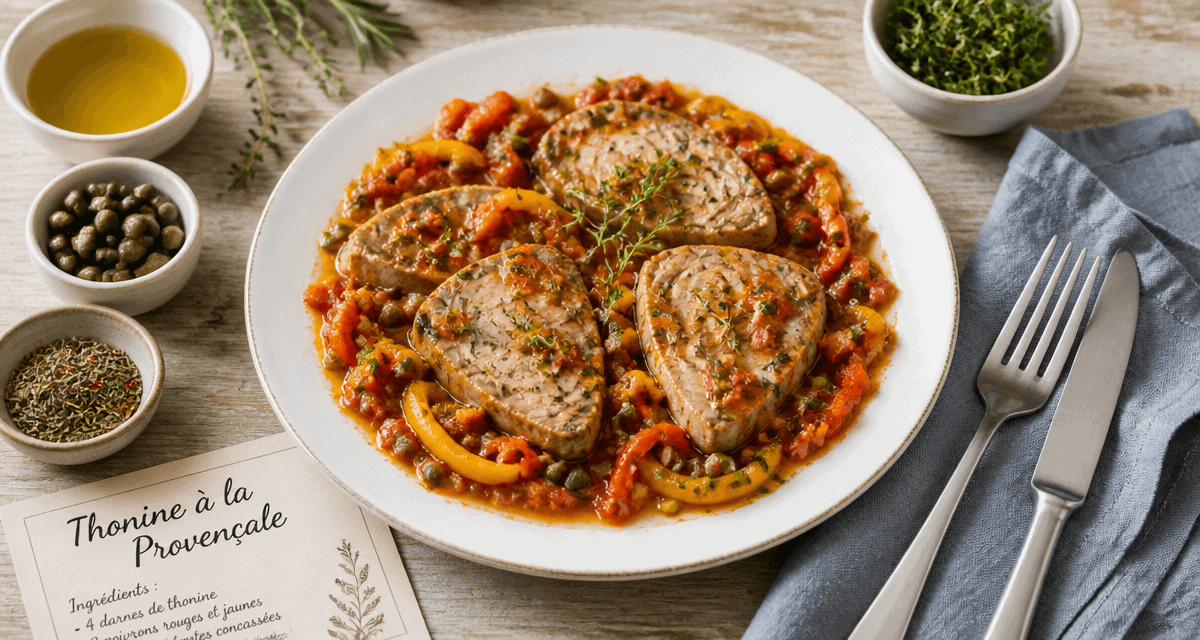 recette thonine à la provençale, assiette avec sauce et légumes