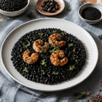 Risotto noir et aliments noirs sur table