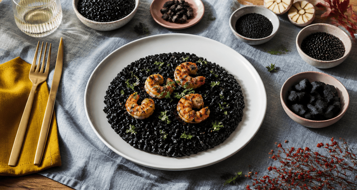 Risotto noir et aliments noirs sur table