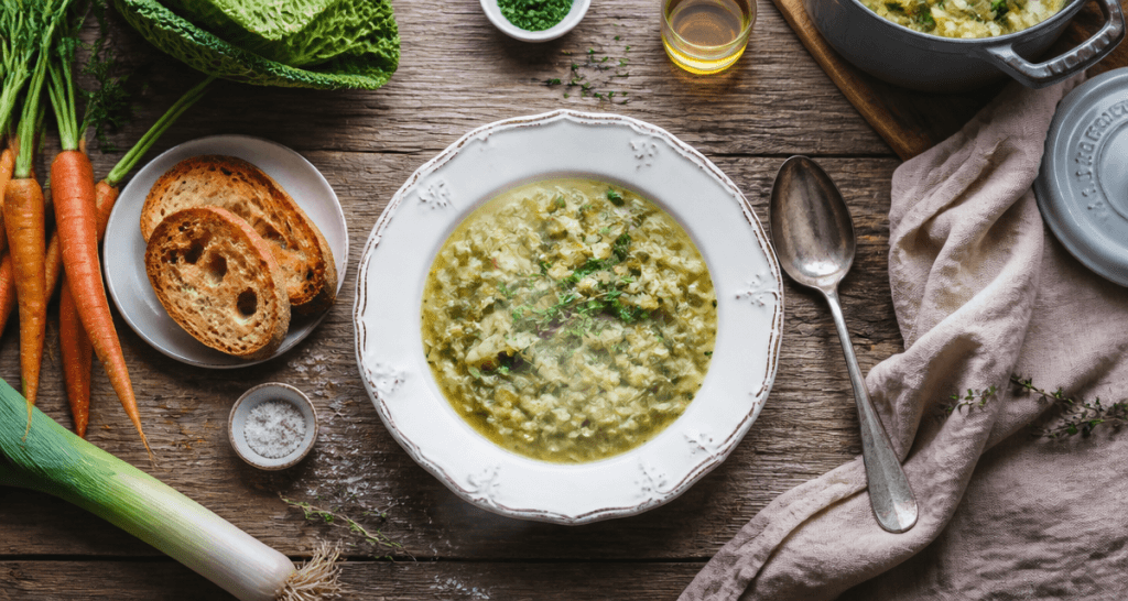 Soupe aux choux verts fumante et pain sur table