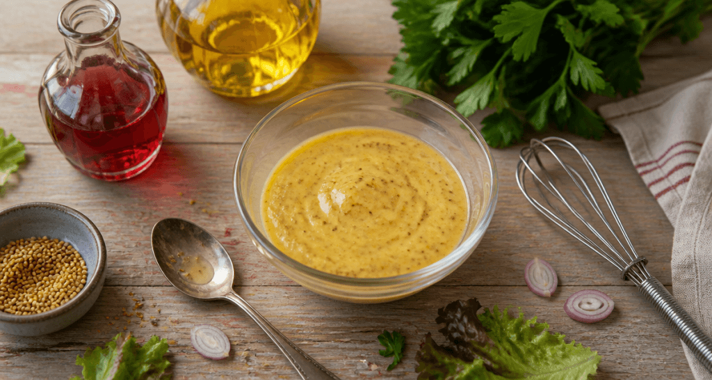 vinaigrette moutarde onctueuse sur table avec ingrédients