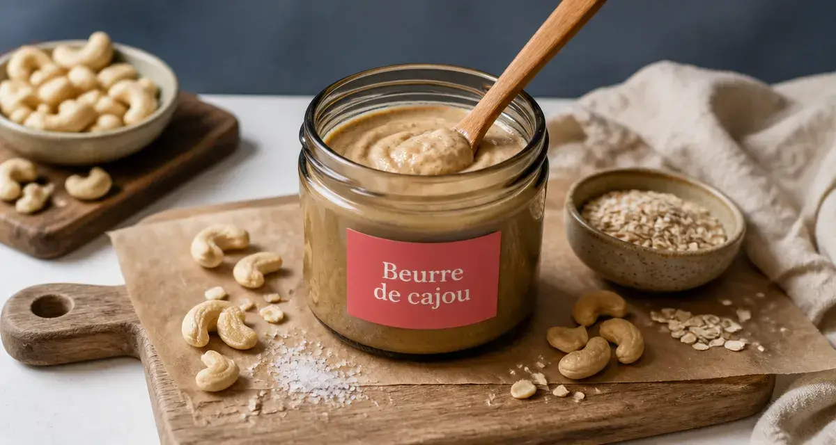 Beurre de noix de cajou, 94 calories par cuillère, bocal en verre et noix de cajou