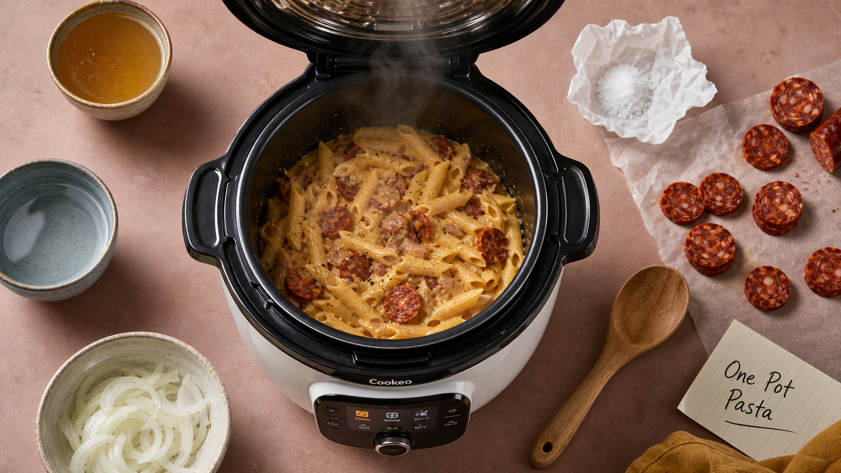 Comment cuire des pâtes au cookeo : pâtes crémeuses au chorizo