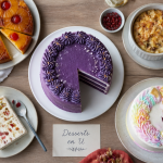 Dessert en U variés sur table, photo flat-lay gourmande