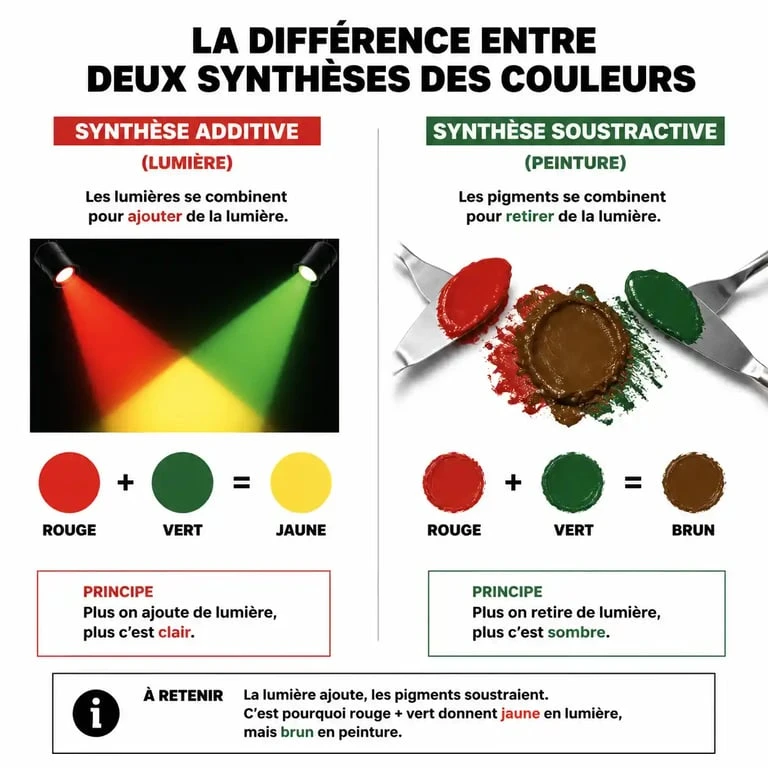 Schéma comparatif de la synthèse additive et soustractive : rouge et vert donne quelle couleur