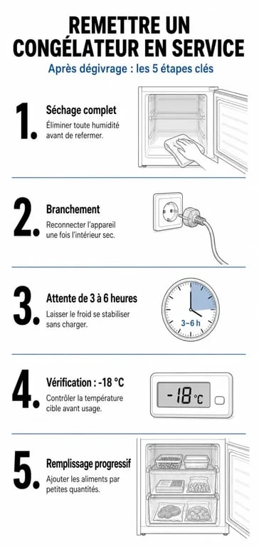 Infographie des étapes de remise en service d'un congélateur après dégivrage pour garantir la sécurité alimentaire