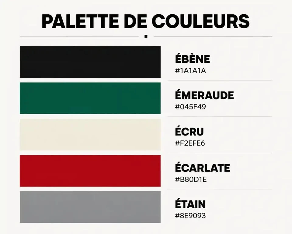 Palette des principales couleurs en E : Ébène, Émeraude, Écru, Écarlate et Étain avec leurs codes hexadécimaux.