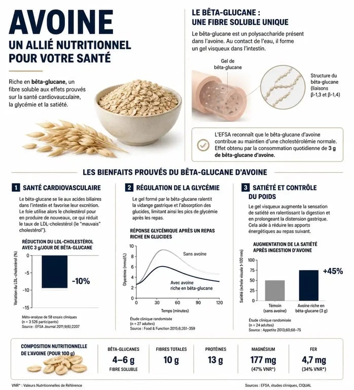 Infographie des bienfaits de l'avoine sur la santé cardiovasculaire et la glycémie