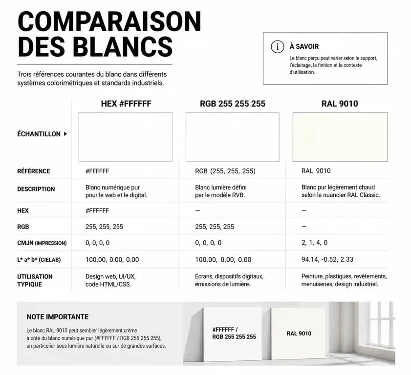 Infographie comparative des codes couleur blanc et leurs équivalents techniques