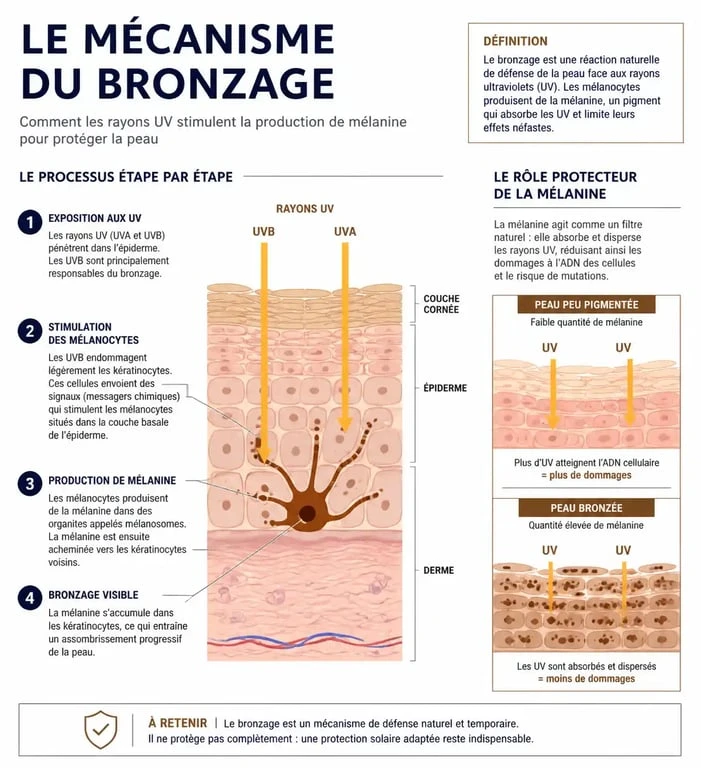 Infographie explicative sur le mécanisme biologique du bronzage et la production de mélanine pour bronzer vite et en toute sécurité.