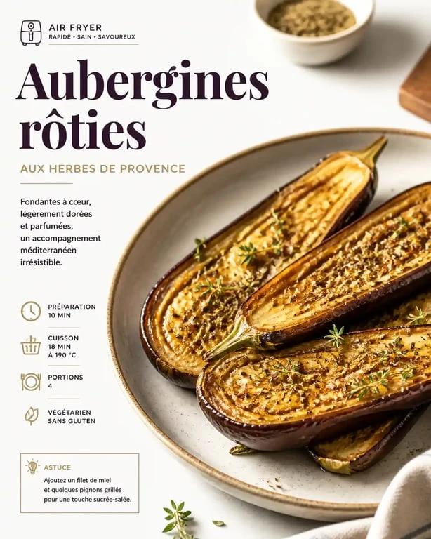 Aubergines rôties au air fryer avec herbes de Provence dans une assiette