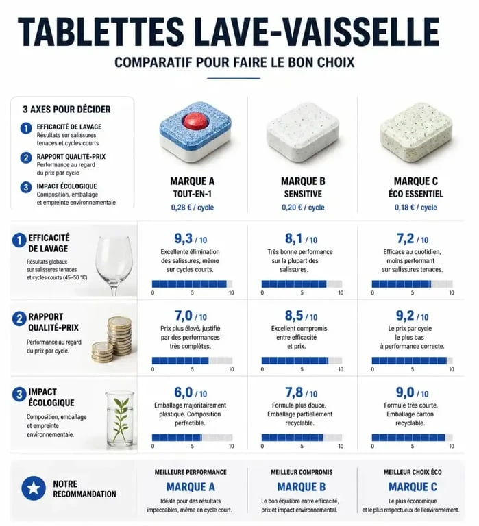 Infographie comparative pour choisir la meilleure tablette lave-vaisselle selon le prix, l'efficacité et l'écologie