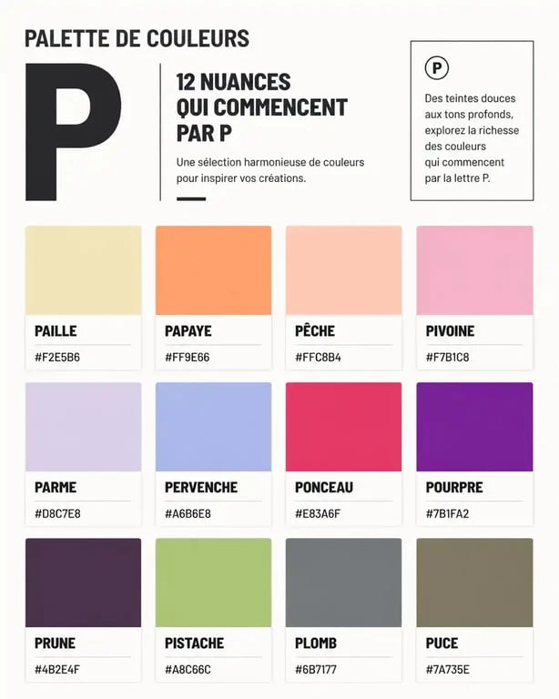 Palette de couleurs commençant par la lettre P avec codes HEX