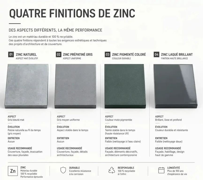 Comparatif des différentes finitions et couleurs de zinc pour le bâtiment : naturel, prépatiné, pigmenté et laqué.