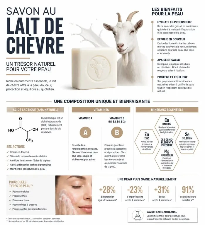 Infographie des bienfaits du savon au lait de chèvre pour la peau : composition et propriétés dermatologiques