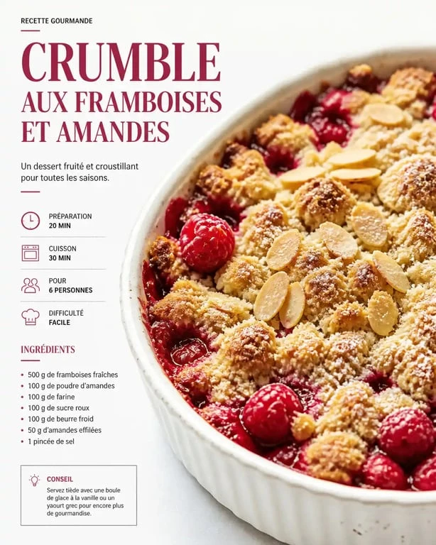 Recette crumble framboise poudre amande dans un plat en céramique