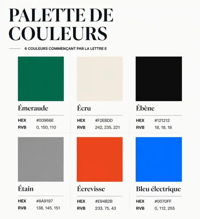 Infographie des couleurs commençant par la lettre E avec leurs codes hexadécimaux et RVB