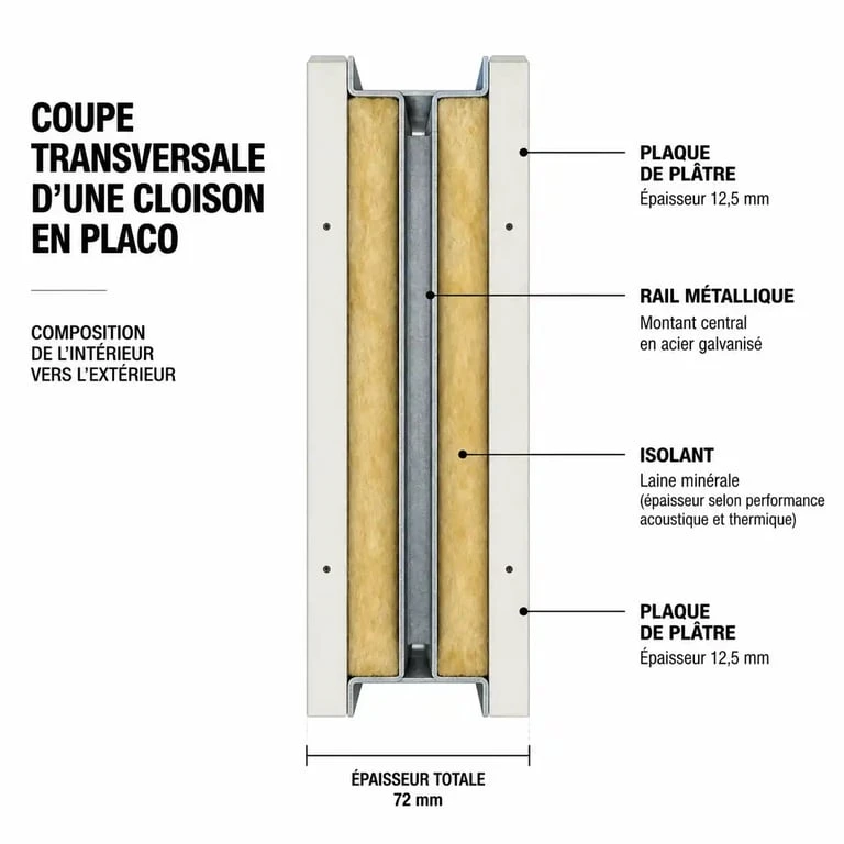 Schéma en coupe d'une cloison placo avec rail et isolant pour comprendre l'épaisseur totale