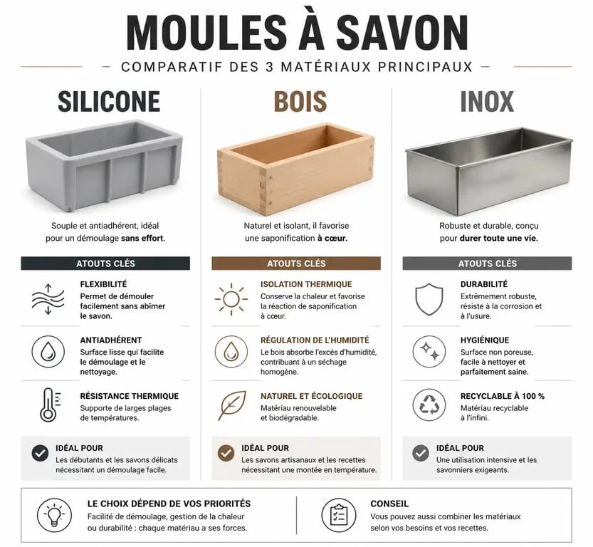 Infographie comparative des matériaux de moule pour savon : silicone, bois et inox pour la fabrication artisanale.