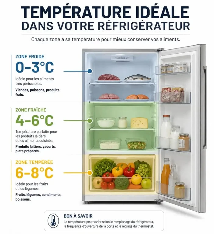 Infographie des températures idéales pour régler un frigo
