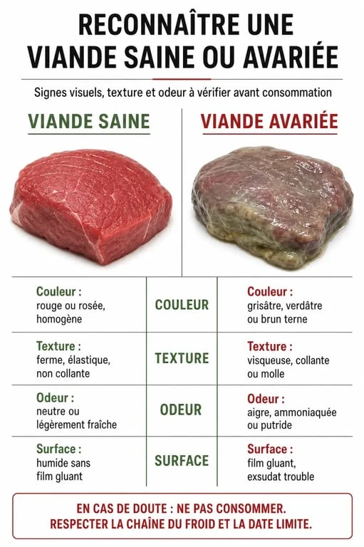 Infographie comparative pour identifier une viande avariée ou une viande qui sent fort à la cuisson
