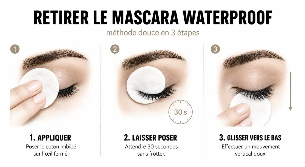 Schéma illustrant les étapes pour enlever le mascara waterproof sans abîmer les cils