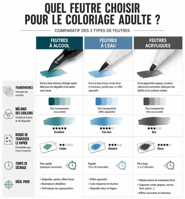 Infographie comparative des types de feutres pour coloriage adulte : alcool, eau et acrylique.